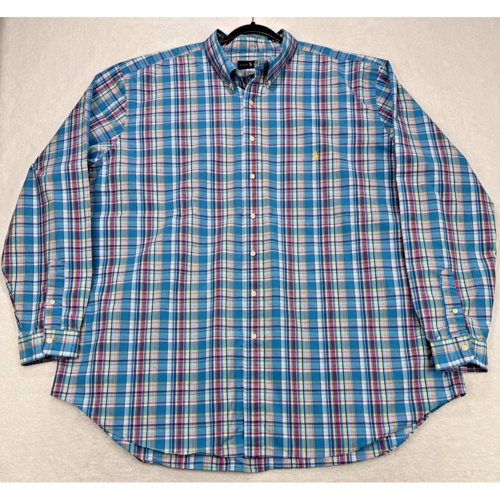 Ralph Lauren Button Down Shirt Men 3XLT‎ Turquoise Pink Plaid Lightweight